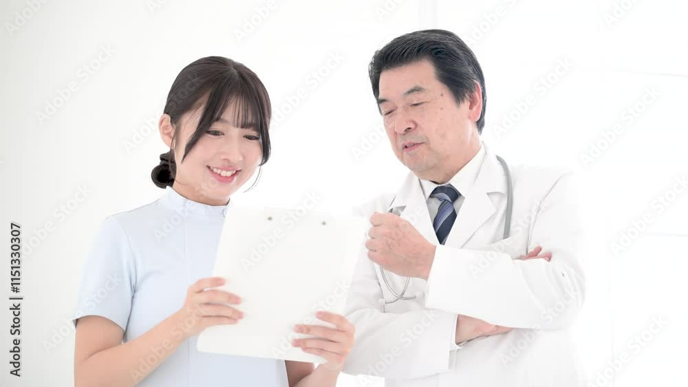 カルテを見て医師と話す笑顔の看護師　申し送りや治療計画のイメージの動画
