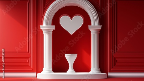 Romantic Red Abstract 3D Room with White Pedestal in Heart-Shaped Window for Valentine's Product Display Minimalist HD