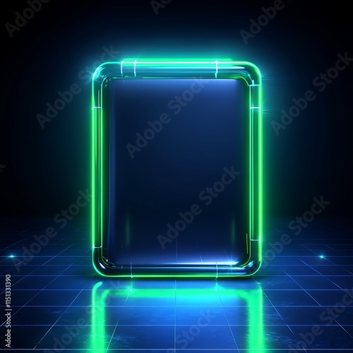 Futuristic Neon Frame with Glowing Edges on Dark Reflective Background for Modern Concept Designs