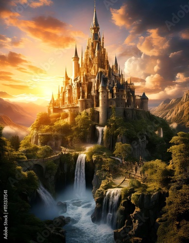 Majestic Fantasy Castle Surrounded by Clouds and Glowing Magical Energy
