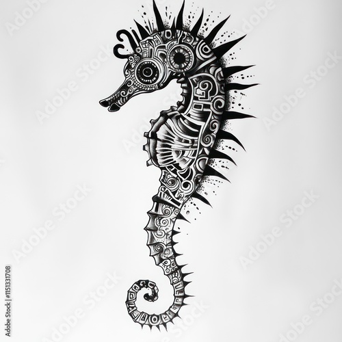 Ornate Seahorse Artistic Black Ink Drawing Design photo