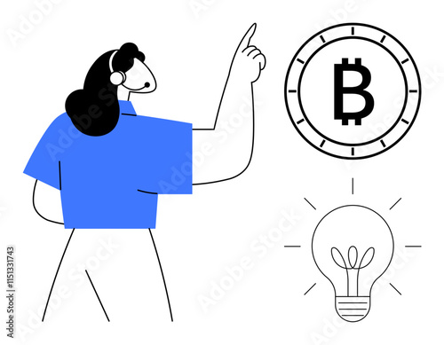 Person pointing upwards towards bitcoin symbol next to a light bulb symbolizing innovative ideas and digital currency concepts. Ideal for fintech, investment, blockchain technology, financial