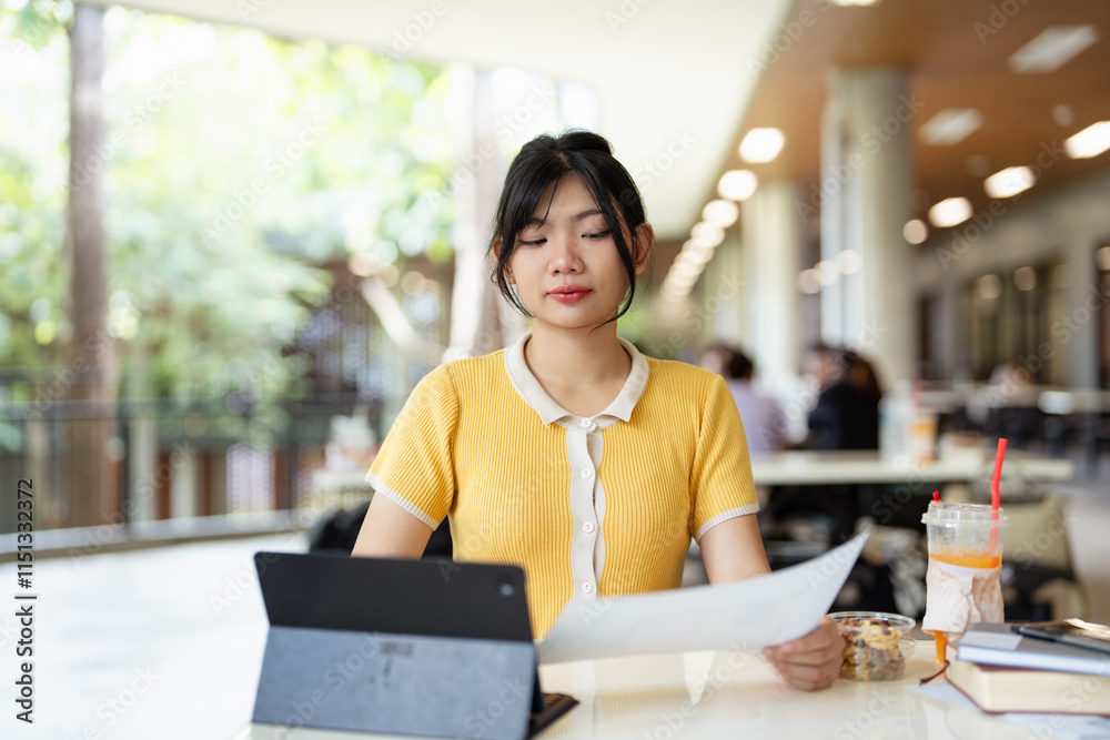 Fototapeta premium A young positive Asian female college student in casual clothes is using laptop while working remotely at a college's canteen. people and wireless technology concepts