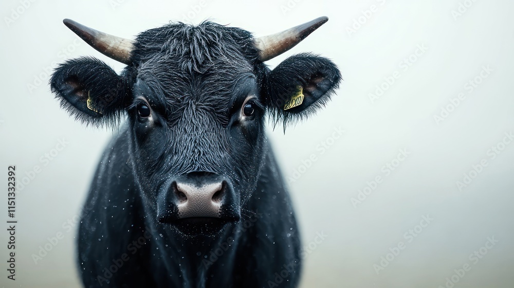 Close-up portrait of a black cow with short horns, looking directly at the camera in a misty field. Close-up portrait of a black cow with short horns, looking directly at the camera in a misty field.