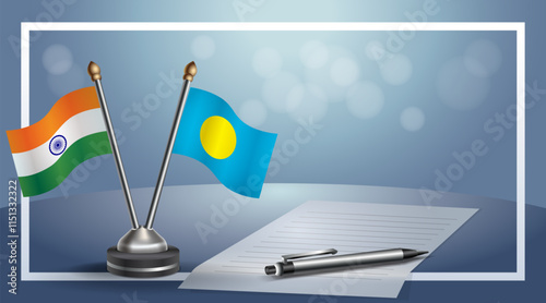 India and Palau National flags on small table with bokeh background, cooperative relationship