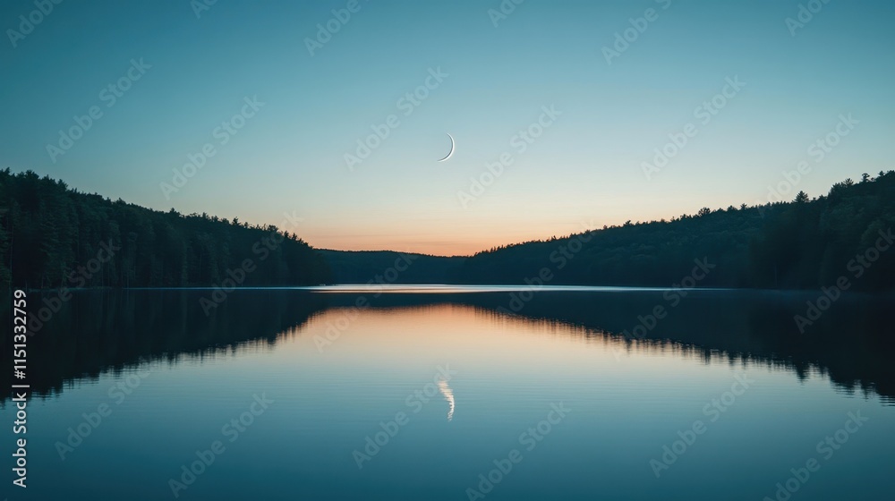 A crescent moon hangs above a tranquil lake, its reflection dancing on the rippling water under the night sky. A crescent moon hangs above a tranquil lake, its reflection dancing on the rippling water under the night sky.