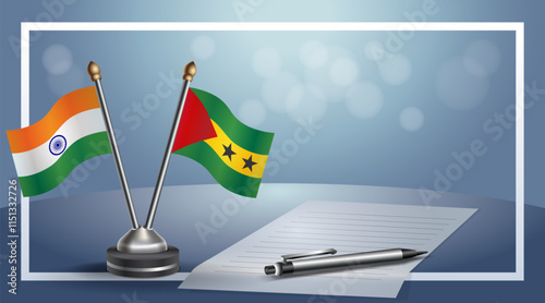 India and Sao Tome and Principe National flags on small table with bokeh background, cooperative relationship