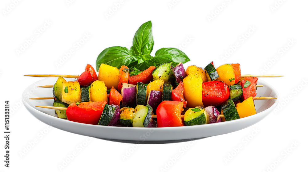 Fresh Colorful Vegetable Skewers with Herbs on a White Plate Fresh Colorful Vegetable Skewers with Herbs on a White Plate