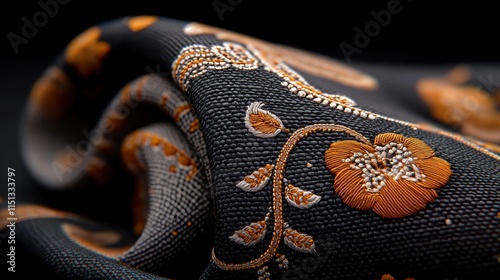 Intricate Embroidered Fabric with Floral Patterns in Rich Orange and Black Tones on a Dark Background photo