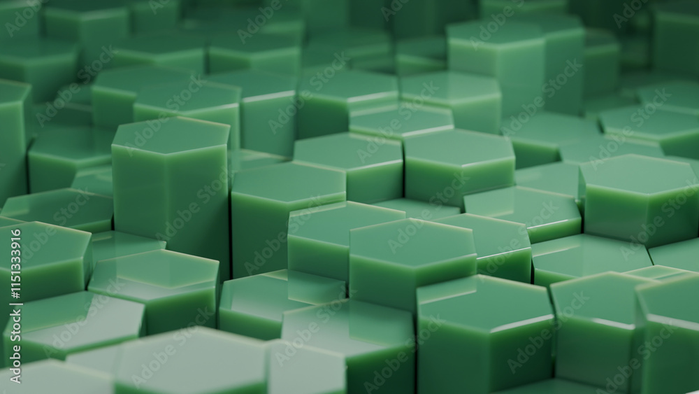 3D rendering of jade green hexagonal columns of different heights. Jade hexagons, honeycombs. Abstract geometric background. 3D rendering of jade green hexagonal columns of different heights. Jade hexagons, honeycombs. Abstract geometric background.
