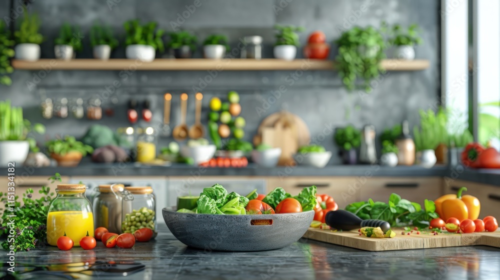 Different fresh vegetables in bowl on table in kitchen. Healthy food concept