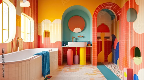 A child-friendly bathroom with vibrant colors and fun patterns. photo