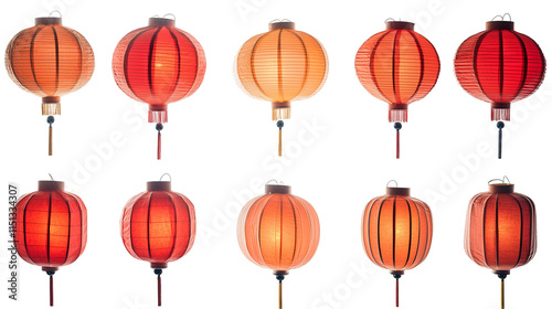 Collection set of Chinese red lanterns isolated on transparent background, png