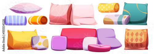Cartoon pillow and cushion collection of various shapes, patterns and colors. Decorative rectangular, square and bolster designs in soft pastel shades with geometric prints for cozy home interior.