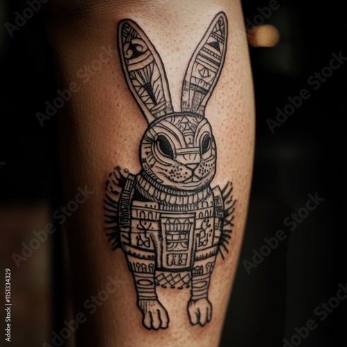 Ornate Rabbit Tattoo Design Adorns Leg Skin photo