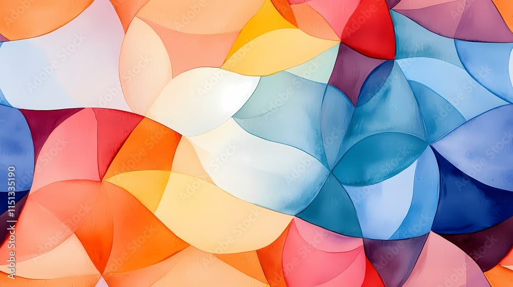 The image shows an abstract painting composed of overlapping, curved shapes in a variety of warm and cool colors, creating a stained-glass-like effect. The image shows an abstract painting composed of overlapping, curved shapes in a variety of warm and cool colors, creating a stained-glass-like effect.