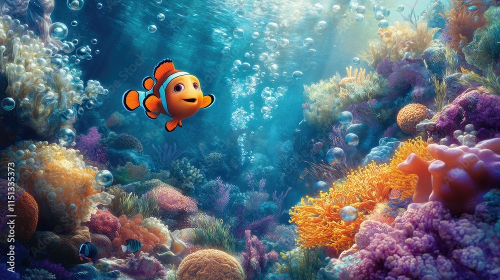 Naklejka premium A colorful underwater poster showcasing a tiny Nemo fish in a vivid coral garden surrounded by soft bubbles and sea life.
