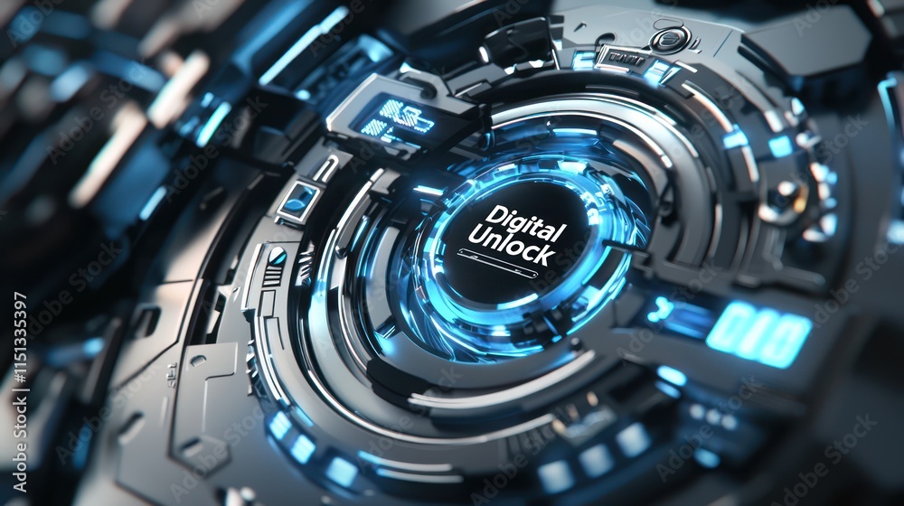 Futuristic interface featuring a digital unlock mechanism Futuristic interface featuring a digital unlock mechanism