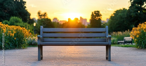 Sunset serenity a sustainable bench in an urban park landscape photography calm environment nature's beauty photo