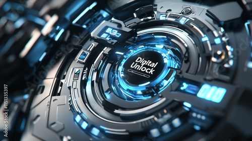 Futuristic interface featuring a digital unlock mechanism