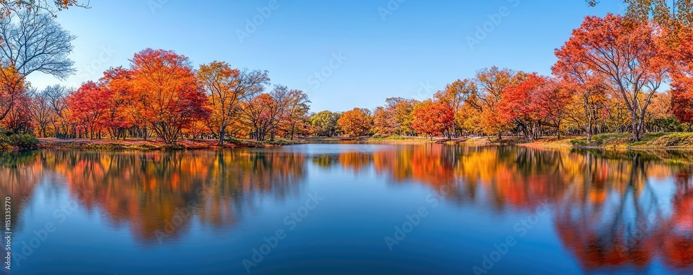 Autumn lake idea. Vibrant autumn trees reflecting on a serene lake under a clear blue sky. Autumn lake idea. Vibrant autumn trees reflecting on a serene lake under a clear blue sky.
