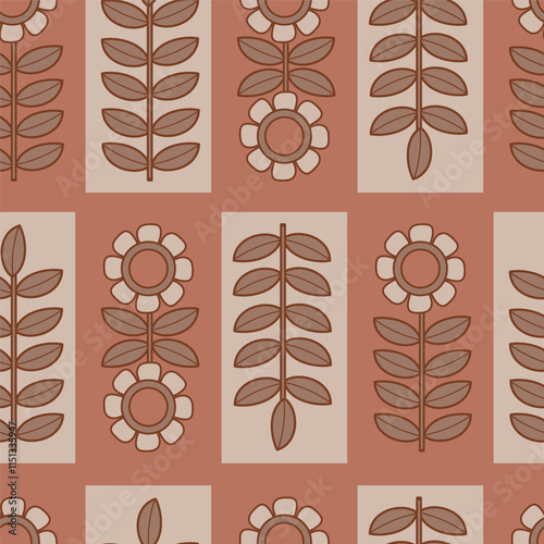 Floral seamless pattern mocha mousse. Minimalistic brown background with simple repeatable tile design with flower and branch leaves. Vector illustration. Retro print in color 2025 year.