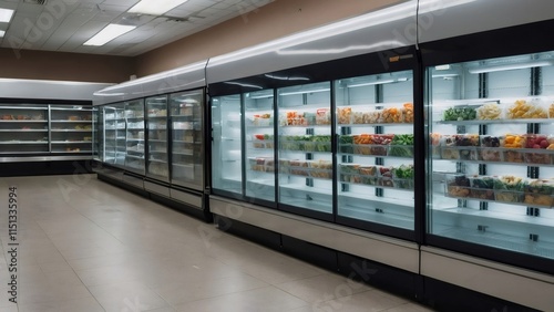 Fresh produce is displayed in refrigerated display cases in an empty supermarket aisle, offering a variety of healthy food choices