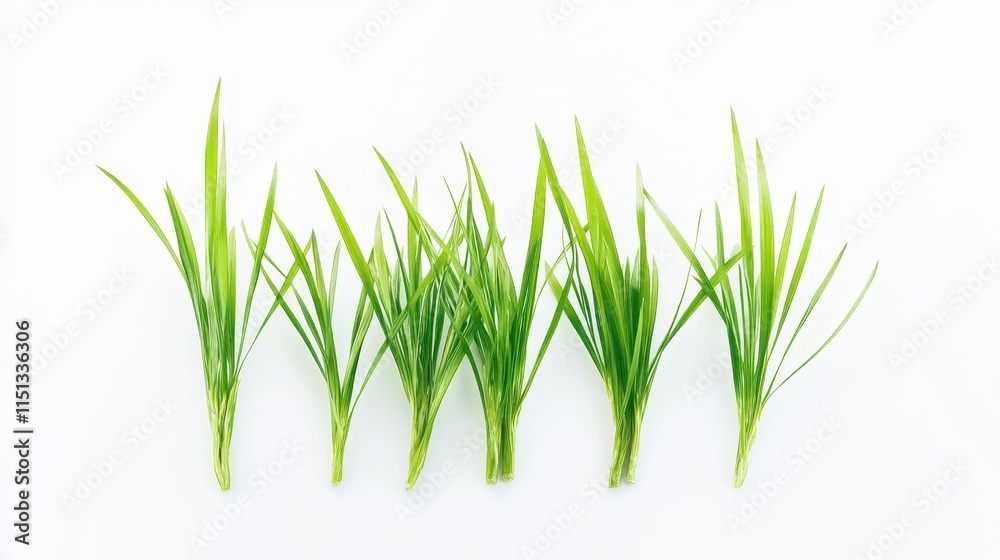 Fresh green grass blades arranged in a line against a white background, showcasing their vibrant color and texture. Fresh green grass blades arranged in a line against a white background, showcasing their vibrant color and texture.