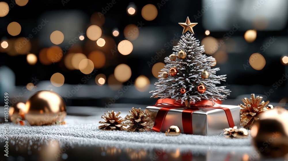 Obraz premium Festive Christmas Scene with Decorated Tree, Ornaments, and Gift Boxes in Warm Holiday Lighting