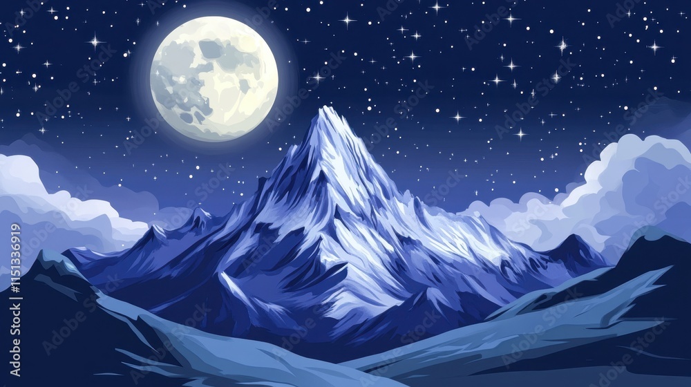 Obraz premium A dramatic mountain peak illuminated by moonlight, surrounded by an endless starlit night sky.