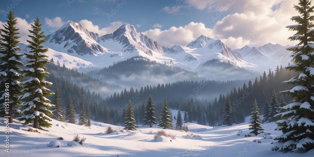 A soft, cloudy sky casts a serene light on the snow-covered mountains and evergreen trees, natural scenery, gentle illumination A soft, cloudy sky casts a serene light on the snow-covered mountains and evergreen trees, natural scenery, gentle illumination