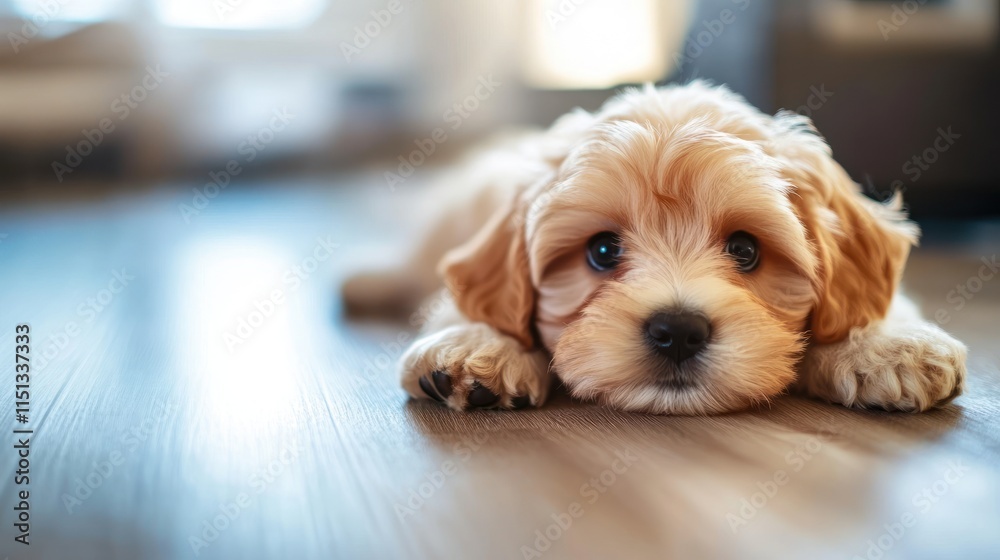 Cute Puppy Relaxing on Wooden Floor Cute Puppy Relaxing on Wooden Floor