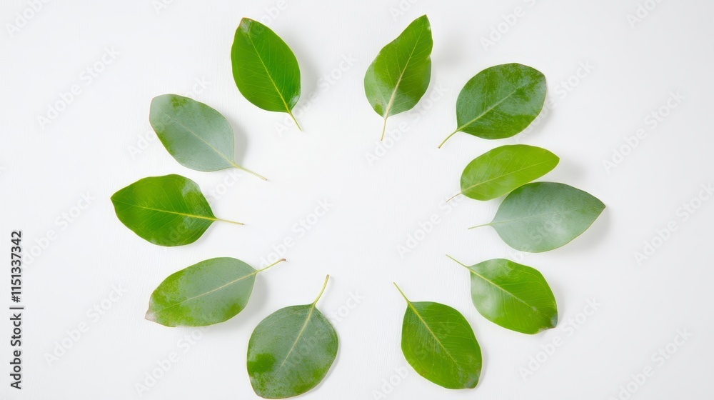Fototapeta premium A circular arrangement of various green leaves on a white background, showcasing diverse shapes and shades, symbolizing nature and freshness.