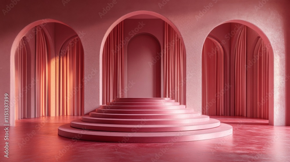 Pink Architectural Interior with Circular Staircase and Arched Niches Pink Architectural Interior with Circular Staircase and Arched Niches