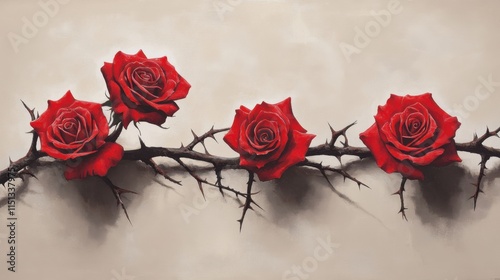 A dramatic rose vine with sharp thorns and vibrant red flowers, curling delicately on a muted backdrop.