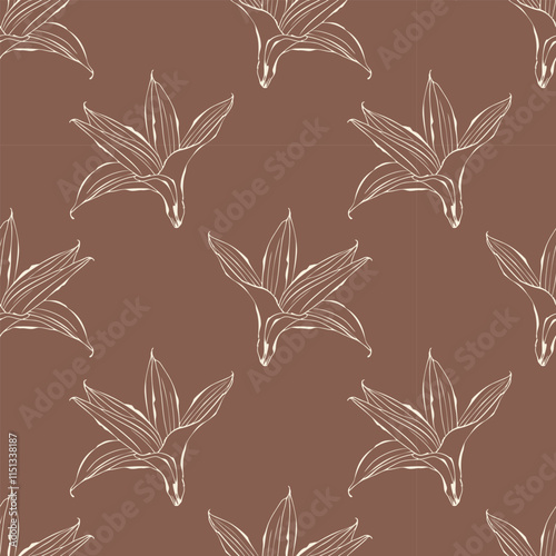 Vanilla orchid lily flower pattern, contour stylized hand drawing, pattern on mocha mousse color background.