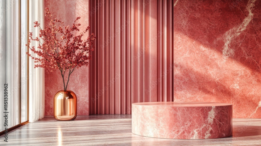Pink Marble Display With Red Flower Vase And Curtains Pink Marble Display With Red Flower Vase And Curtains