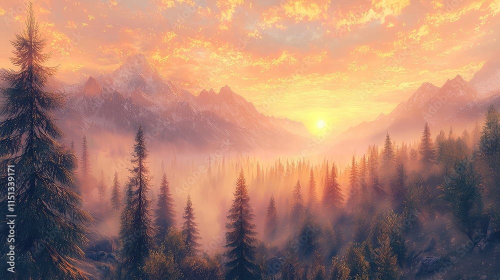 Serene mountain landscape at sunset with misty valleys Serene mountain landscape at sunset with misty valleys