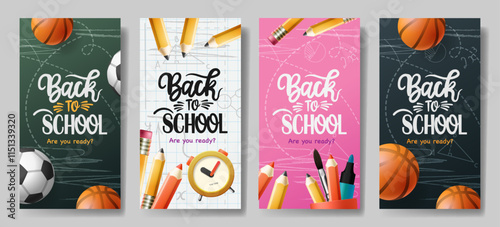 Back to school poster set. Welcome Back to school text with soccer ball, basketball and color pencil educational elements for learning flyers lay out collection. Vector illustration