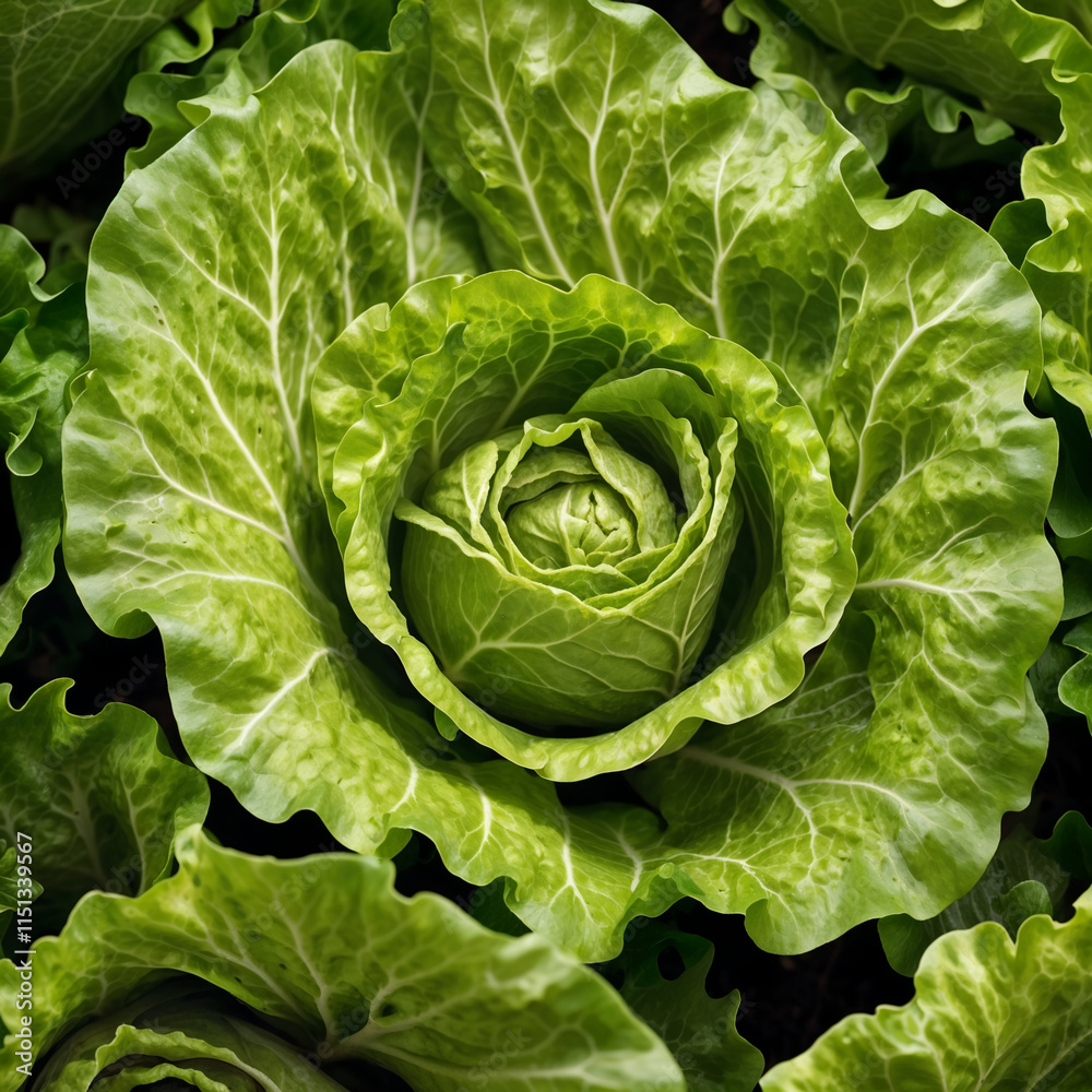 Fototapeta premium A Detailed Close-Up Perspective of Fresh Green Lettuce Exploring the Intricate Textures and Vibrant