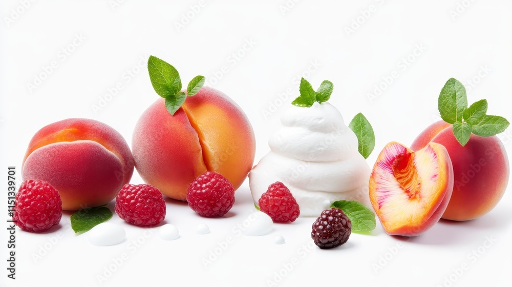 Fresh peaches and raspberries arranged with creamy yogurt, garnished with mint leaves, showcasing a vibrant, healthy dessert. Fresh peaches and raspberries arranged with creamy yogurt, garnished with mint leaves, showcasing a vibrant, healthy dessert.