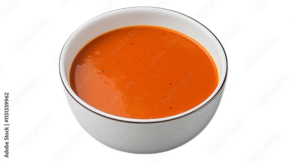 Creamy Tomato Soup in White Bowl with Garnish on Dark Background Creamy Tomato Soup in White Bowl with Garnish on Dark Background