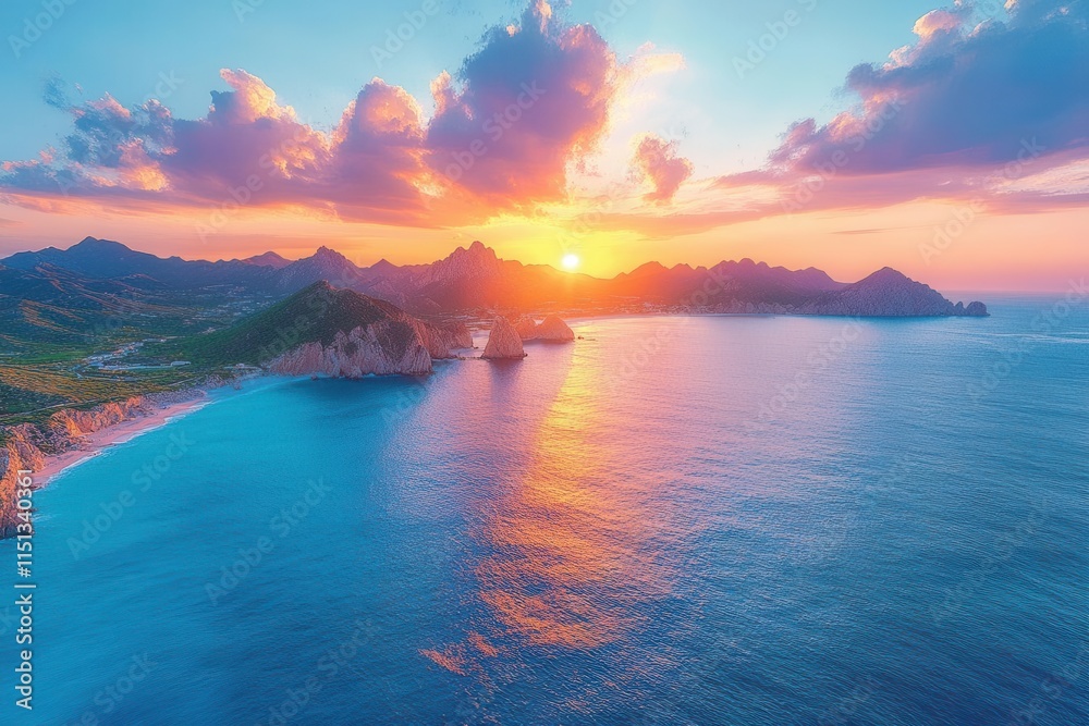 a breathtaking aerial view of cabo san lucas, capturing the stunning convergence of the pacific ocean and gulf of california, with the iconic arch and rugged coastline under a vibrant sunset sky a breathtaking aerial view of cabo san lucas, capturing the stunning convergence of the pacific ocean and gulf of california, with the iconic arch and rugged coastline under a vibrant sunset sky