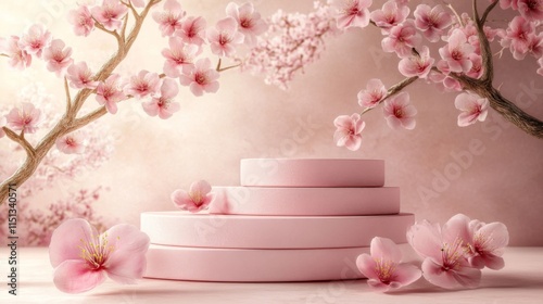 Pink tiered display with delicate cherry blossoms