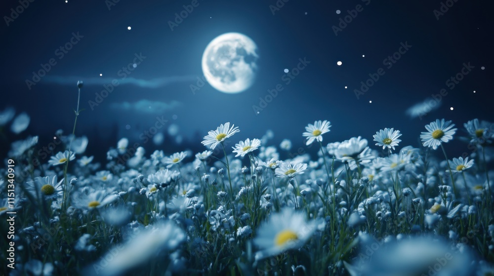 Fototapeta premium A field of wildflowers under a clear night sky, the moonlight enhancing their soft colors.