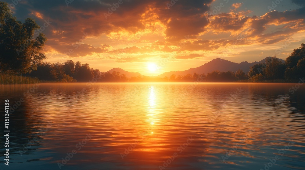 Fototapeta premium Serene sunset over calm lake, mountains.
