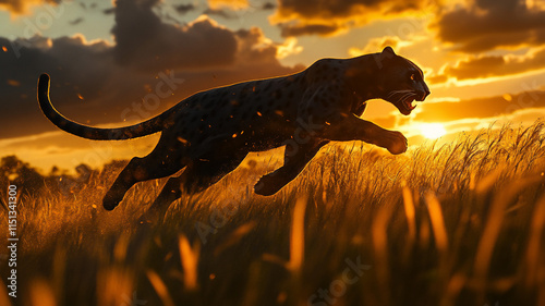 running panther during sunset in a grassfield with a low Angle 