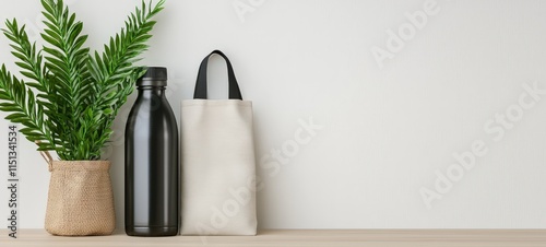 Sustainable living essentials eco-friendly water bottle and bag indoor environment minimalist design concept photo