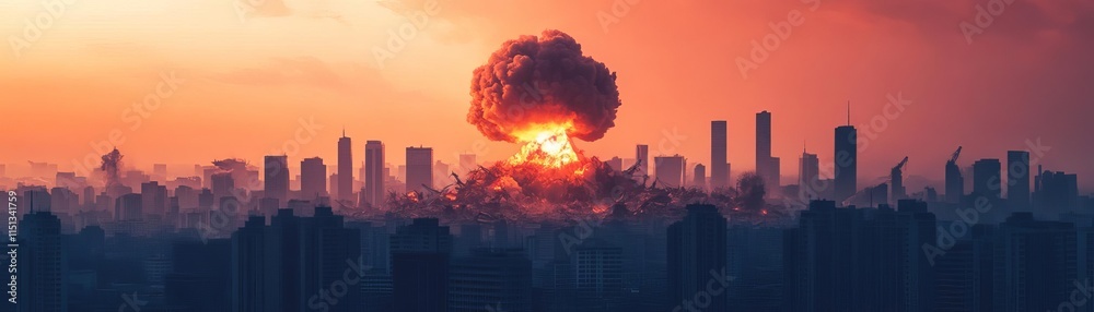 A city skyline collapsing under the force of a nuclear explosion, nuclear bomb, apocalyptic devastation A city skyline collapsing under the force of a nuclear explosion, nuclear bomb, apocalyptic devastation