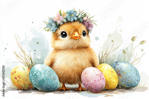 Yellow chick nestled among pastel easter eggs, surrounded by blooming spring flowers in soft watercolor painting, capturing seasonal joy